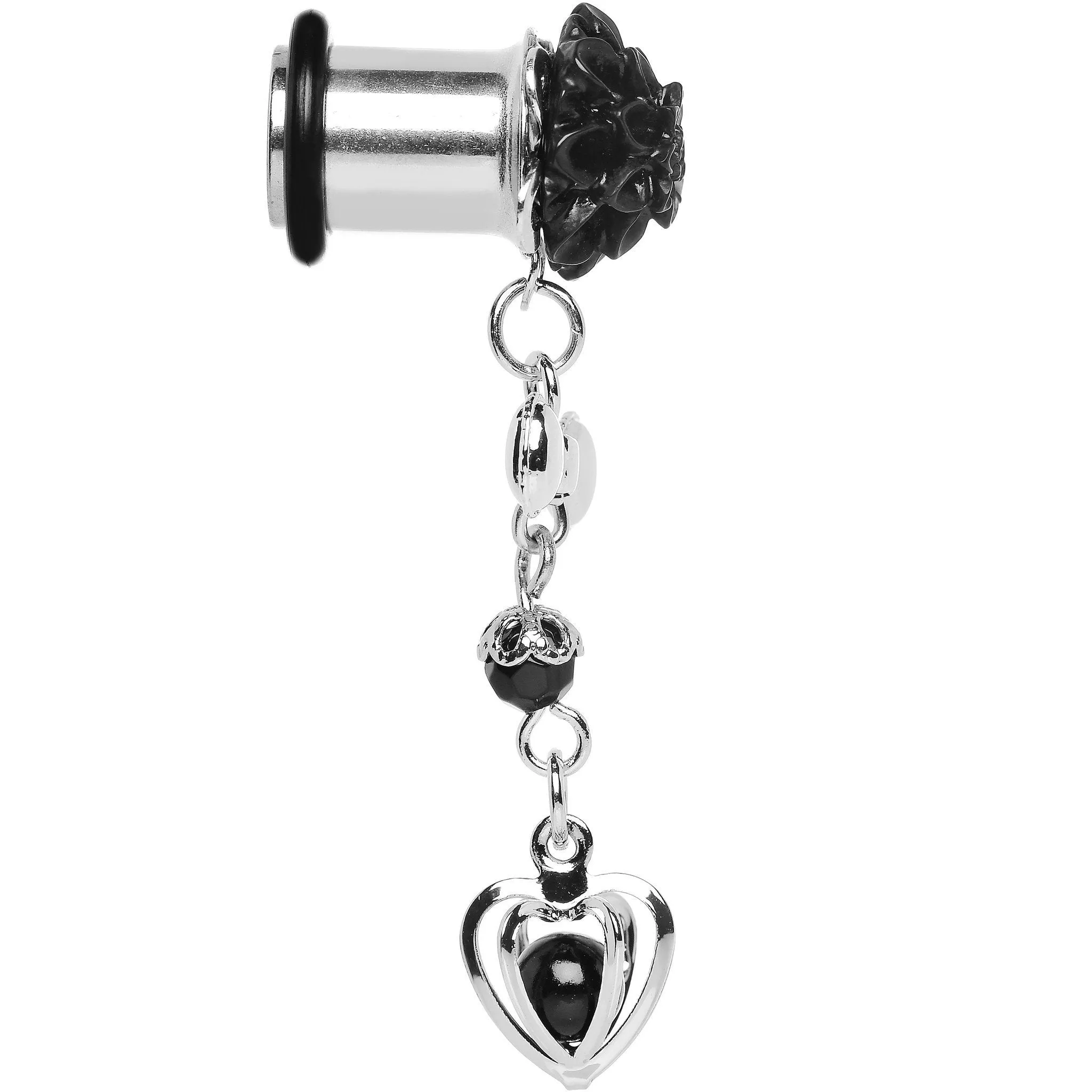 0 Gauge Black Flower Heart to Heart Dangle Plug Sizes 5mm to 12mm