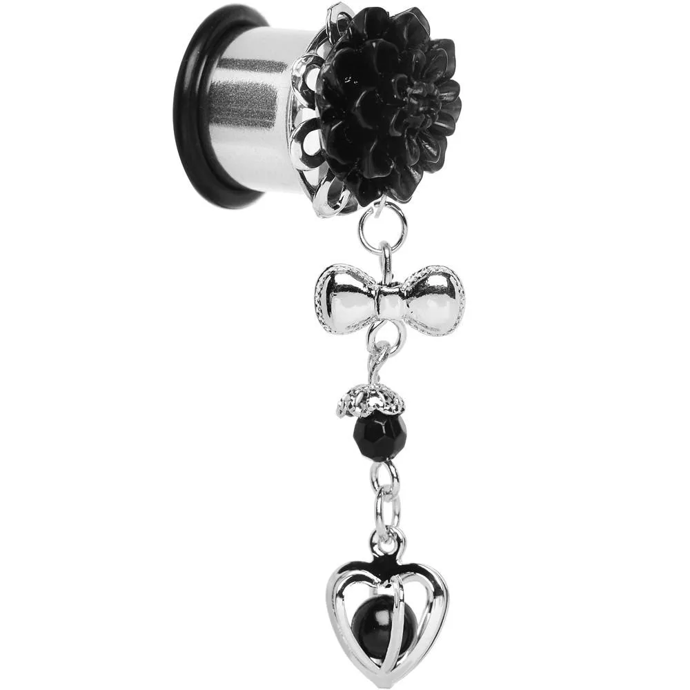 0 Gauge Black Flower Heart to Heart Dangle Plug Sizes 5mm to 12mm