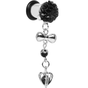 0 Gauge Black Flower Heart to Heart Dangle Plug Sizes 5mm to 12mm