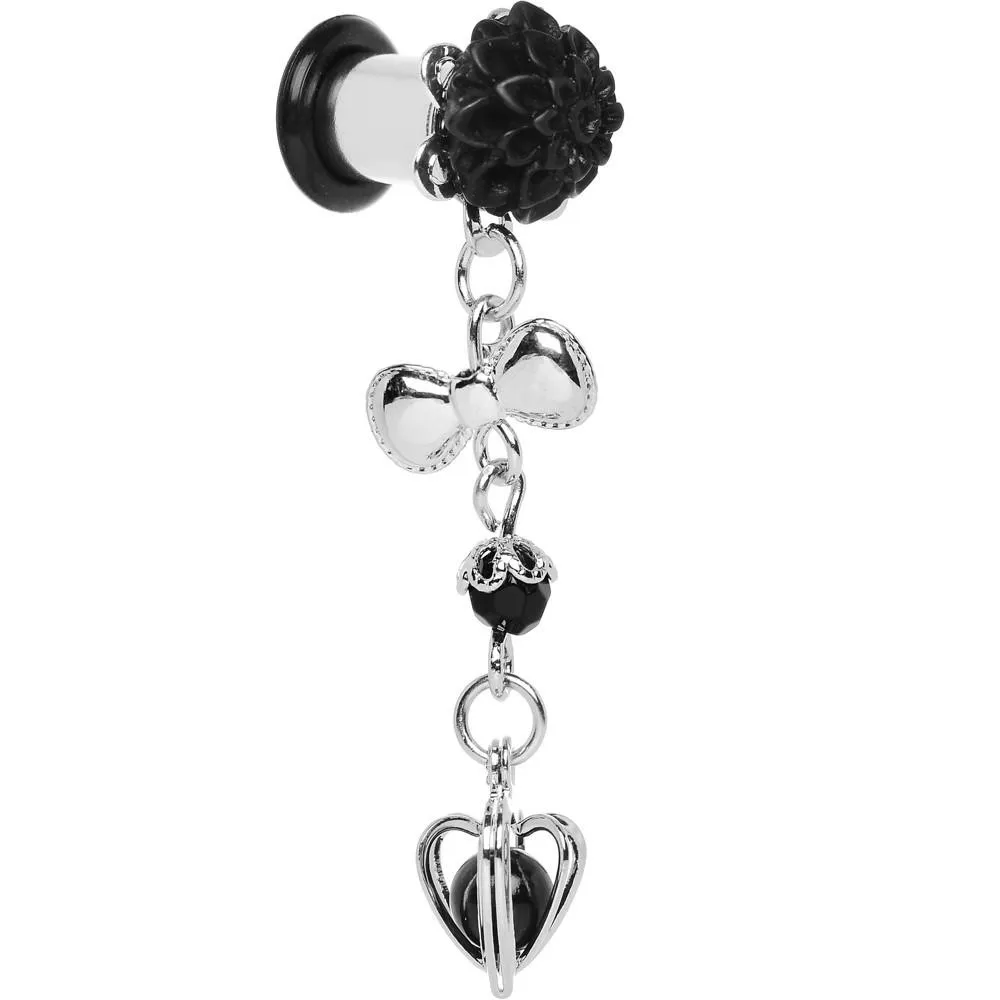 0 Gauge Black Flower Heart to Heart Dangle Plug Sizes 5mm to 12mm