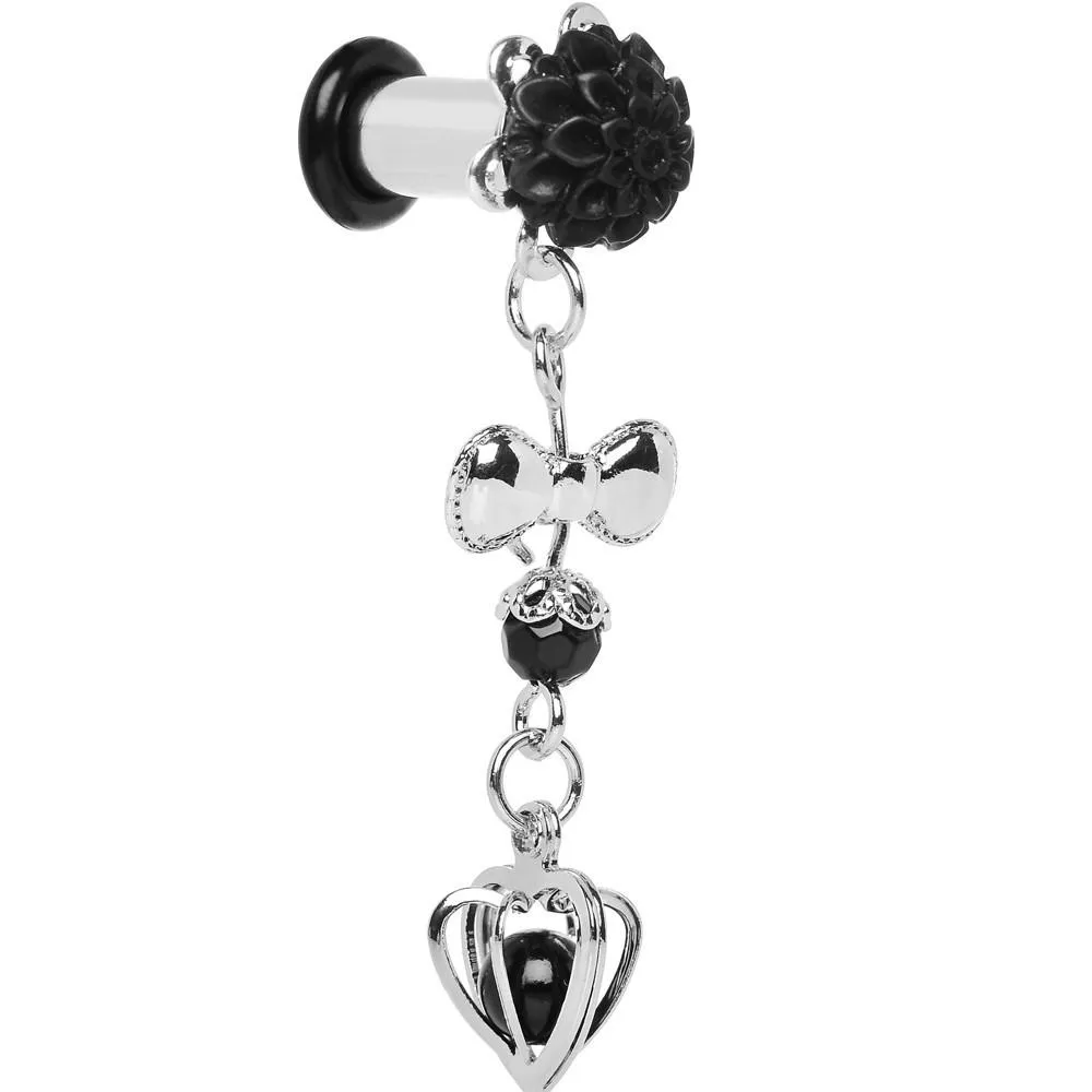 0 Gauge Black Flower Heart to Heart Dangle Plug Sizes 5mm to 12mm