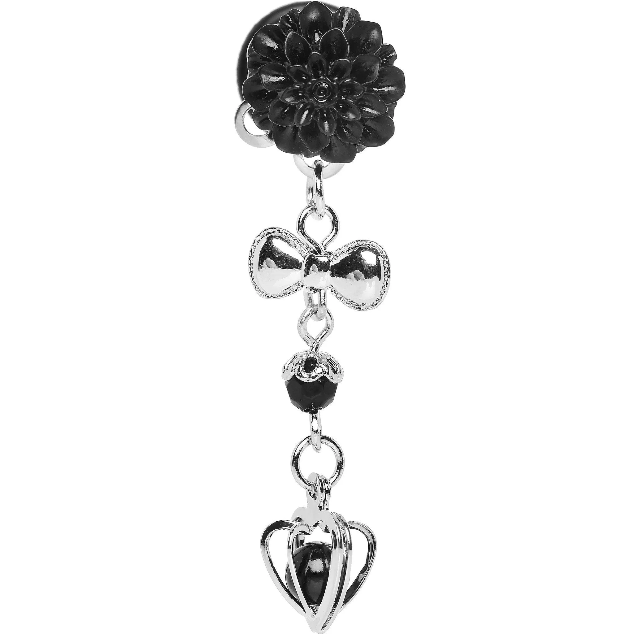0 Gauge Black Flower Heart to Heart Dangle Plug Sizes 5mm to 12mm