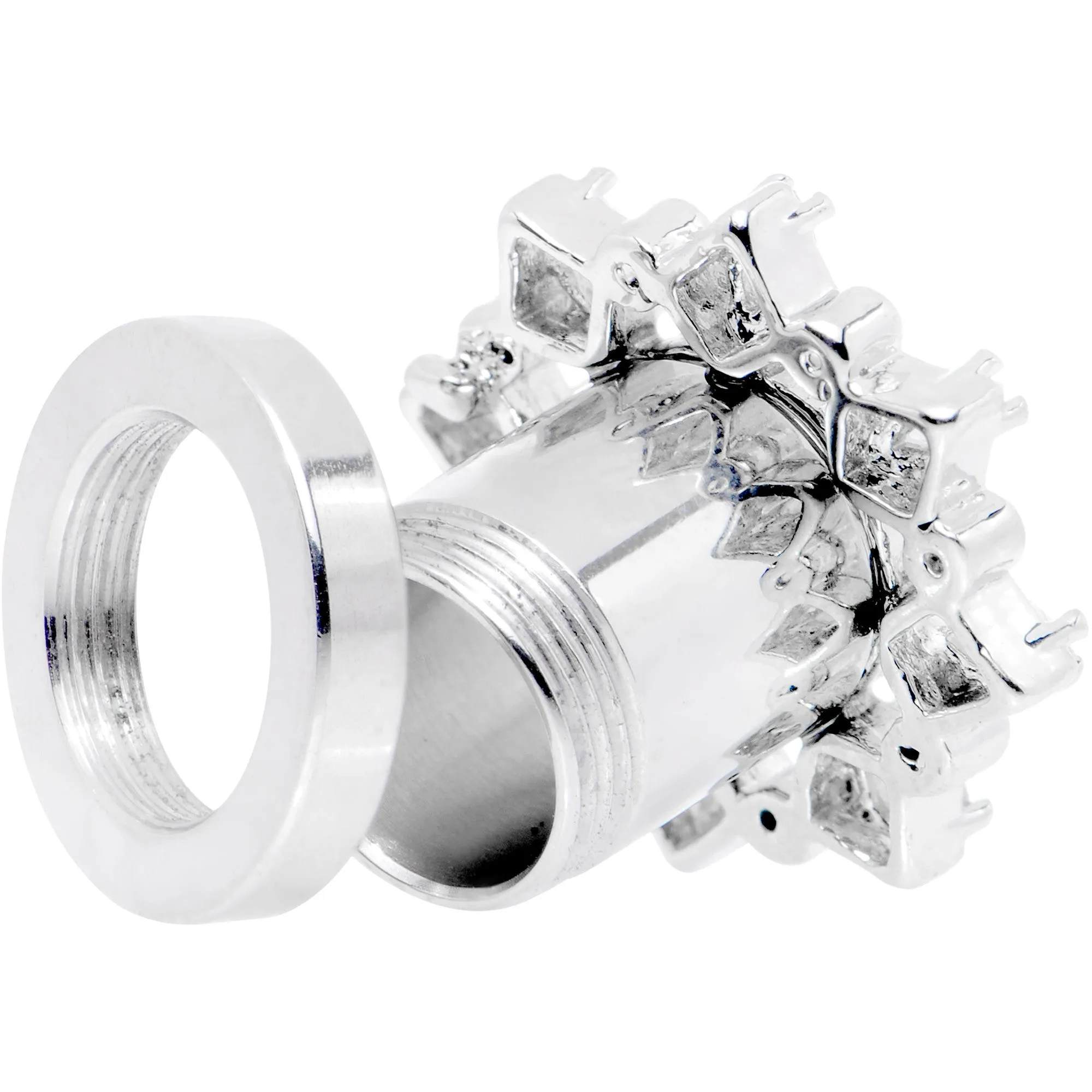 0 Gauge Clear Gem Flower Frame Screw Fit Tunnel Plug Set