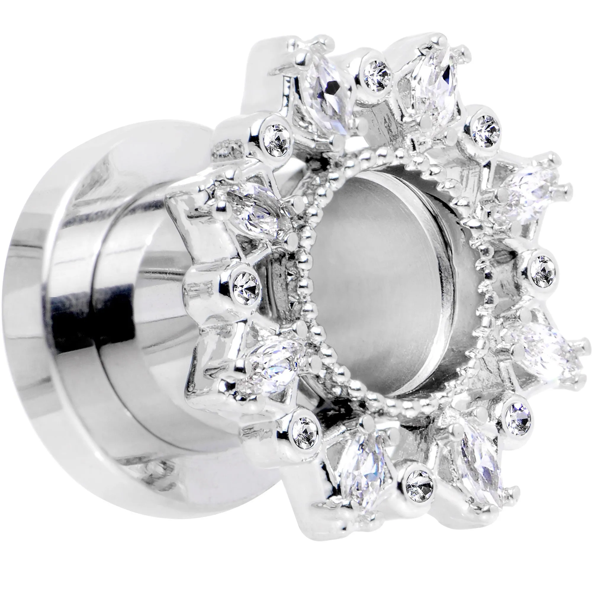 0 Gauge Clear Gem Flower Frame Screw Fit Tunnel Plug Set
