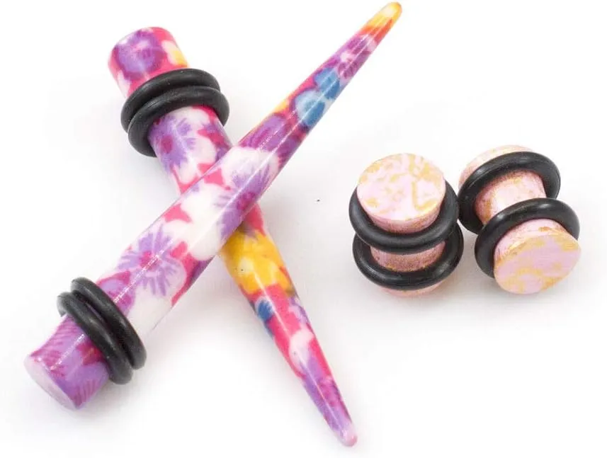 4PCS Ear Stretching Kit Colorful Flower Design Acrylic Tapers Ear Plugs Tunnels Gauges Expander Set Body Piercing Jewelry