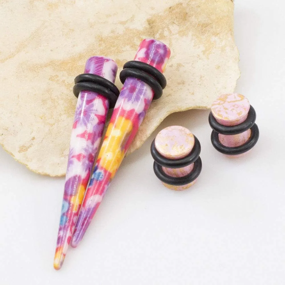4PCS Ear Stretching Kit Colorful Flower Design Acrylic Tapers Ear Plugs Tunnels Gauges Expander Set Body Piercing Jewelry