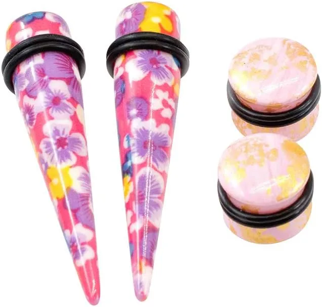 4PCS Ear Stretching Kit Colorful Flower Design Acrylic Tapers Ear Plugs Tunnels Gauges Expander Set Body Piercing Jewelry