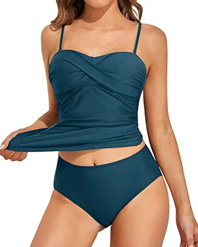 Adjustable Strapless Bandeau Tankini Bathing Suits For Women-Teal