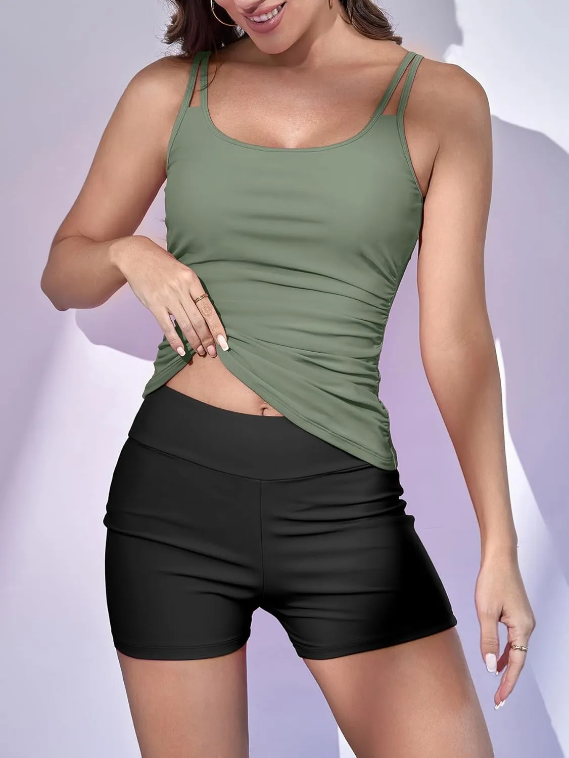 Eomenie Women's Swimsuit Tankini Set Modest Tummy Control Slimming Bathing Suits Two Piece Swim Suit with High Waisted Short