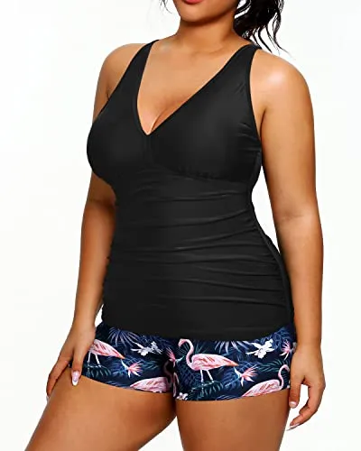 Modest Plus Size Tankini Shorts Swimwear For Women-Black Flamingo