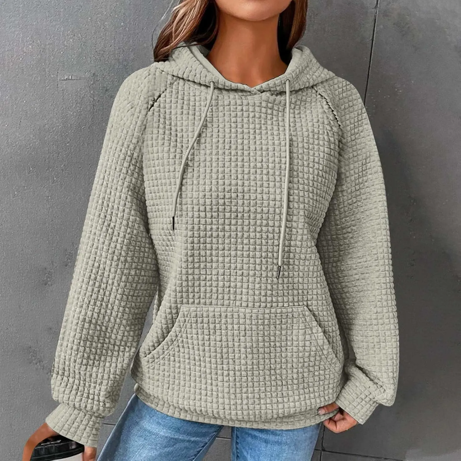 SHOPESSA Women Pullover Hoodie Sweatshirt Waffle-Knit Shacket Hooded Loose Fit Lightweight Jacket Long Sleeve Boyfriend Shirt